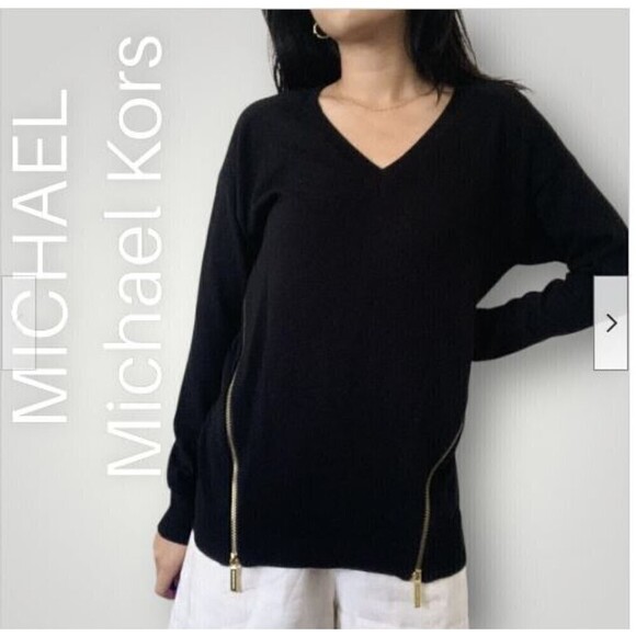 Michael Kors V Neck Cotton Angora Dual Side Gold Zippers Long Sleeve Sweater - Picture 2 of 13